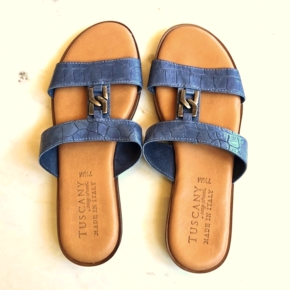 Tuscany Easy Streets blue croc embossed faux leather slides size 7.5 - Picture 1 of 12